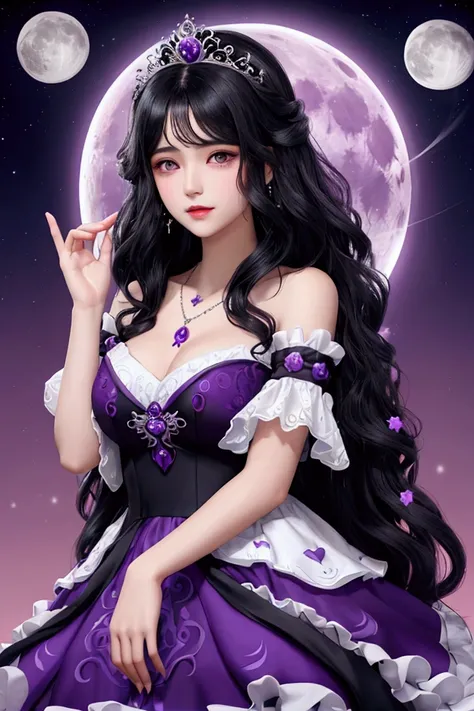 Woman, wavy hair, Black hairwearing a purple and white princess dress wearing a moon crown And the purple moon necklace 