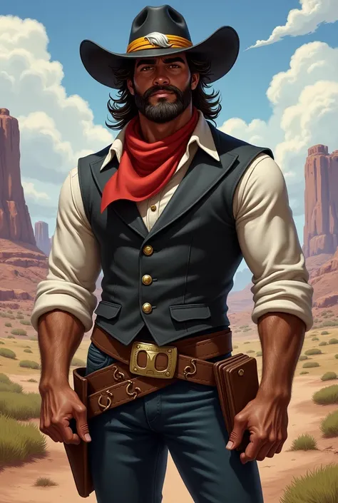 man, brown skin, brown hair., 
He has a long messy hairstyle,  with a white streak in his hair,
brown eyes, and a short, well-groomed beard. 
He has a normal physique, wears a black cowboy hat with a yellow band on it., 
He wears a black vest over a rolled...