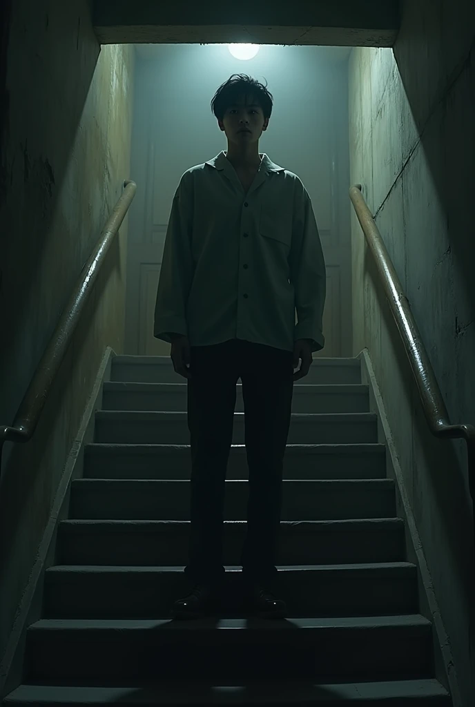 A modern Japanese man in his early 30s,now stands at the top of the basement stairs, looking down with a fearful expression. The staircase is dimly lit, and at the bottom, the shadowy figure from the photograph seems to be slowly materializing. The atmosph...