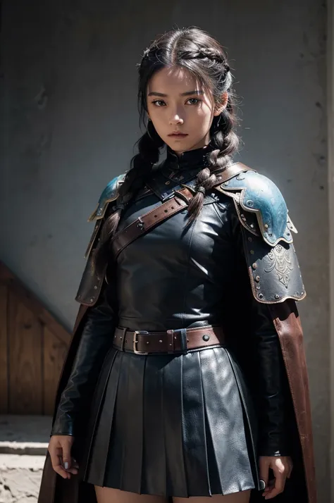 (masterpiece, The best quality) (young warrior woman of nordic descent), (black eyes), (muscular), (leather skirt), (black hair color),(loose hair with small braids on the scalp), (leather strap top) feathers, cape over the shoulder, bufas, (blue, gray and...