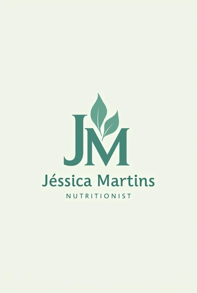 Create a logo with the initials JM in aqua green on a nutrition symbol with the words Jéssica Martins Nutritionist  