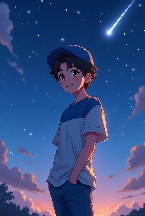 
(Ash_pokemom)(Brown eyes, black hair, blue and white t-shirt with jeans, hat )
, readiant smile, in the light of the moon, anime realistic , star , handsome guy , magic moment, 4k , only our , beautiful night, shooting star, smile, smile , looking front ,...