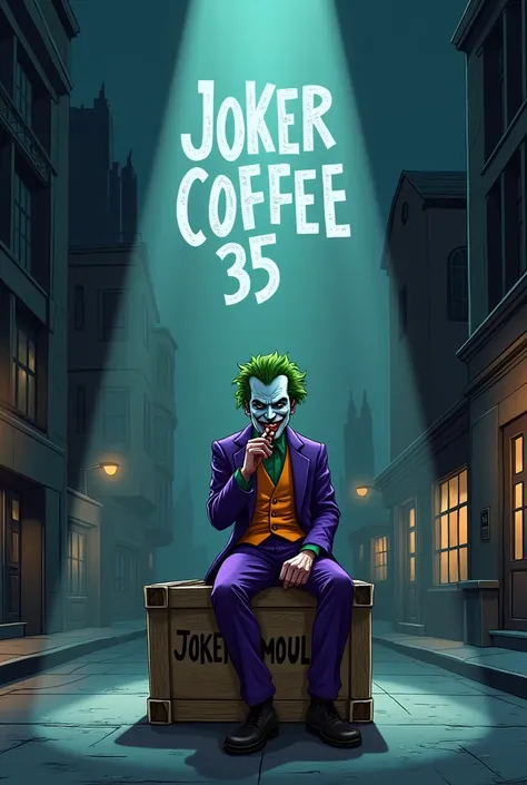 gotham city la nuit avec un projecteur qui projette dans le ciel Joker coffee35 et la joker qui fume un cigare assis sur une boite marron ou il ya ecrit Joker moula dessus en cartoon