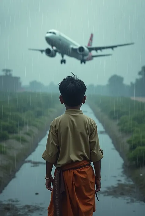 Realistic  Indian boy from backside in rainy weather and a plan