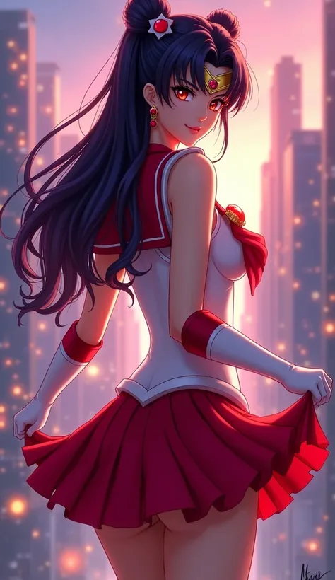 (rear view, backside view), Sailor Mars in a sexy outfit standing in front of a city,Her hair is dark purple, Her tiara is V-shaped with a red jewel. Her earrings are 6-pointed stars, His sailor collar is red with 3 white lines, Her brooch is red, His fron...