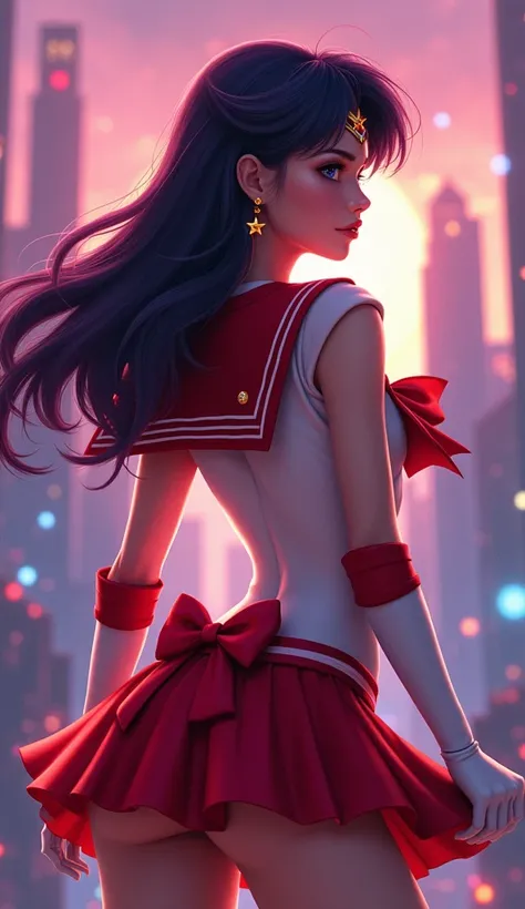 (rear view, backside view), Sailor Mars in a sexy outfit standing in front of a city,Her hair is dark purple, Her tiara is V-shaped with a red jewel. Her earrings are 6-pointed stars, His sailor collar is red with 3 white lines, Her brooch is red, His fron...