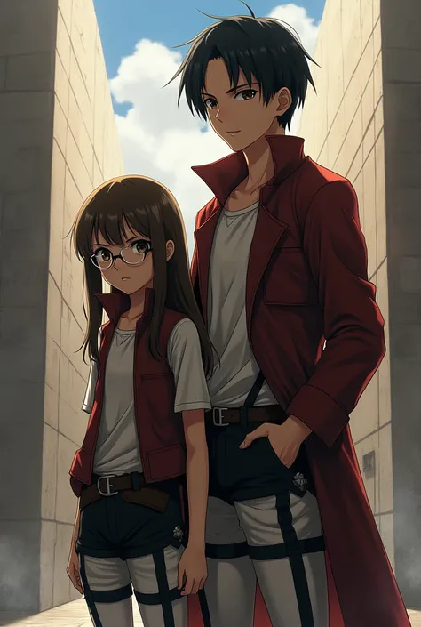 Create a girl with long straight brown hair with bangs and glasses standing together Levi Ackerman, with the drawing style of the attack on titan universe