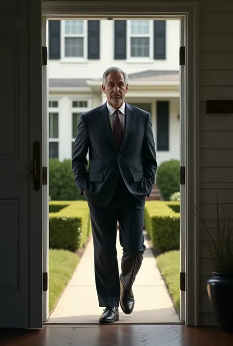 A man walking out of the house