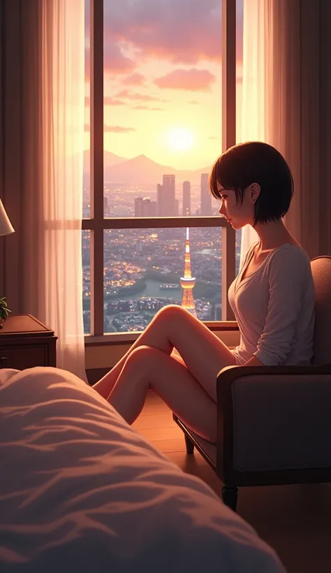 (1girl, Japanese, 4, short black hair, (legs spread:1.3), sitting by window, luxury city hotel room, warm lighting)
