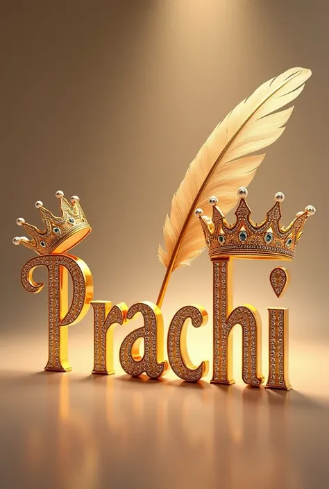 "Prachi" written in large, ornate gold letters encrusted with diamonds. Above the text, there is a gold crown adorned with pearls, adding to the luxurious feel of the design. To the right of the crown, a large feather, likely a quill, extends elegantly, fu...