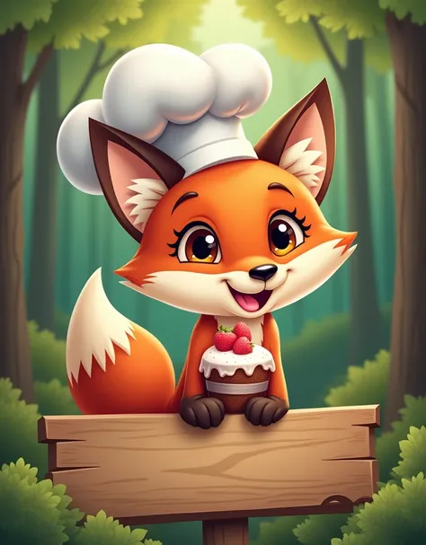 create a logo, fox with chef&#39;s hat, at the forest, holding the cake in the jar, White bloomers, place to put the store name, on the wooden board, comely, creative, high qualiy 