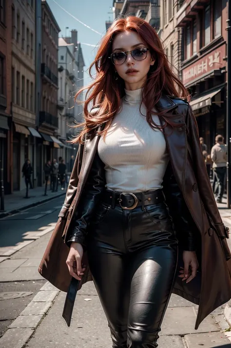 a beautiful young celebrity woman with long flowing red hair, lora_Emma, wearing high-quality high-waisted leather pants and a formal white top with a plunging neckline, a elaborate decorative waist belt, a coat draped over her shoulders, coat on shoulders...