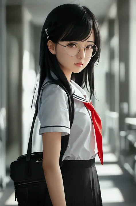 masterpiece, top quality, best quality, 1girl, black hair, long hair, bangs, ((school)), small breast, braid, standing,  glasses, school uniform