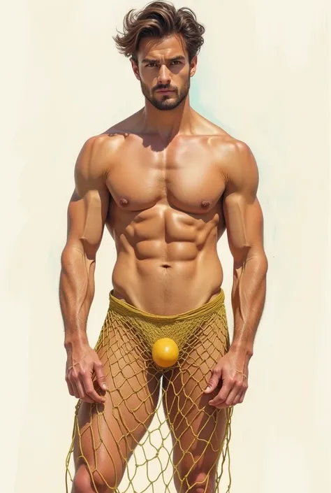 HQ drawing of a handsome man with a golden net around his lower body with an erect penis