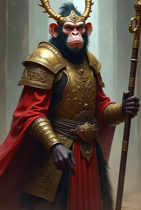 Man, monkey face, serious expression, in golden and brown full-body dynasty armor, two antenna-like plumes headdress, wielding a long metal bo stick with gold on two edges, red flowing cape, dynamic pose, fantasy vibe,