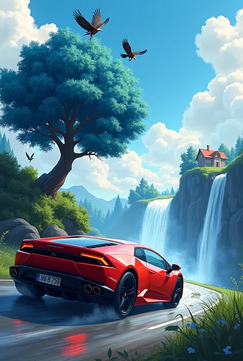 A red car driving with blue tree with water fall in sky the three eggle one house 