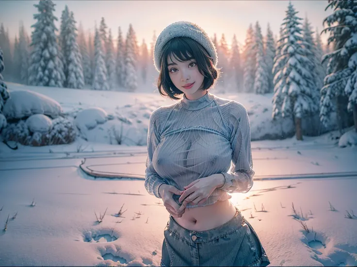 (Coniferous forest covered with heavy snow in the background，Blizzard，Without sunlight，Gray atmosphere:1.2)，Extreme Clarity，A beautiful，High Detail，8K resolution，Clear eyes，Smile，(Brown short hair)，Perfect facial features，(Wooden window frames)，（A full-bod...