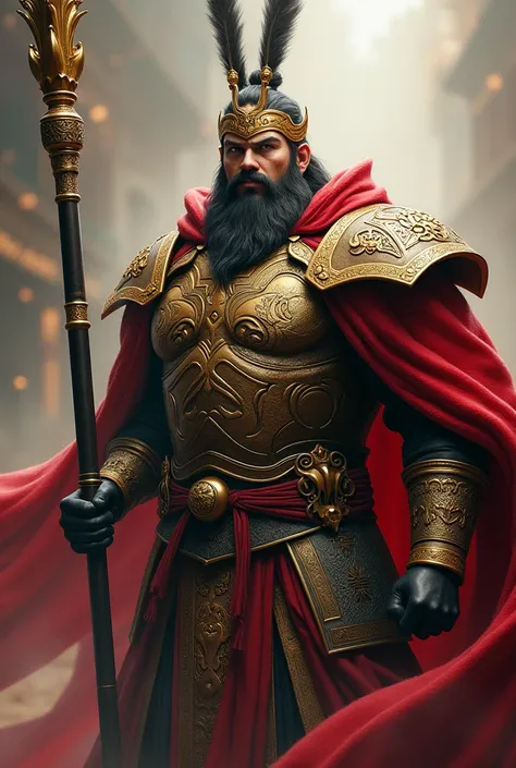 Hairy man, serious expression, in golden and brown full-body dynasty armor, two antenna-like plumes headdress, wielding a long metal bo stick with gold on two edges, red flowing cape, dynamic pose, fantasy vibe,