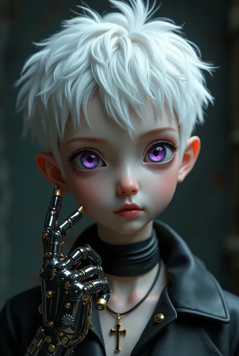 Middle-aged albino teenager with a cheerful sarcastic look and white hair violet eyes soft freckles, you came in black with a cross necklace and a mechanical hand with steampunk technology 