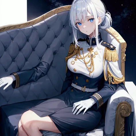 Night sky background, night time, Military uniform, dark blue uniform, white cape, white glove, 1woman, solo, white hair, high collar, tied hair, shining hair, medium-large breast, sitting on couch, facing viewer, arrogant, 