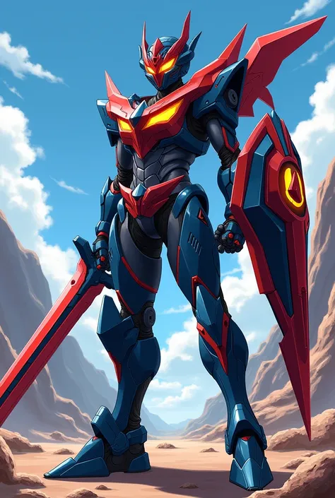 Create anime armor, with a similar appearance somewhat to kamen rider saber, ou kamen rider zero one, and also knights of the zodiac, an armor similar to these, and with a sword in his hand and a shield on his back.
Obs: try to do it with an anime drawing ...