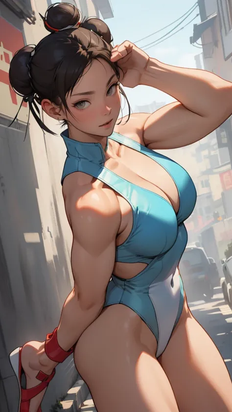 Chun-Li as a street fighter , ((Her hair is in two buns)) complete body, dynamic pose, white sandals,(((Chinese one-piece leotard))),