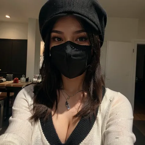 Sexy girl with long black hair taking a selfie with a black mask, a red sweater and a black cap with a black cap and silver chain
