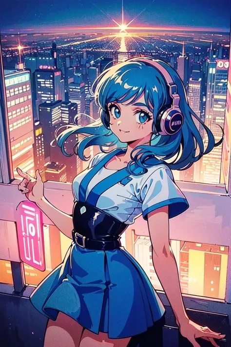 (80s, Retro, City Pop:1.5), (Album cover), (masterpiece, Highest quality, Intricate details), (anime, figure), (pastel colour:1.3), Best Photo Poses, Dynamic Angle,
, alone, smile, A perfect eye for detail, Delicate face,Headphones,While driving,
City scen...