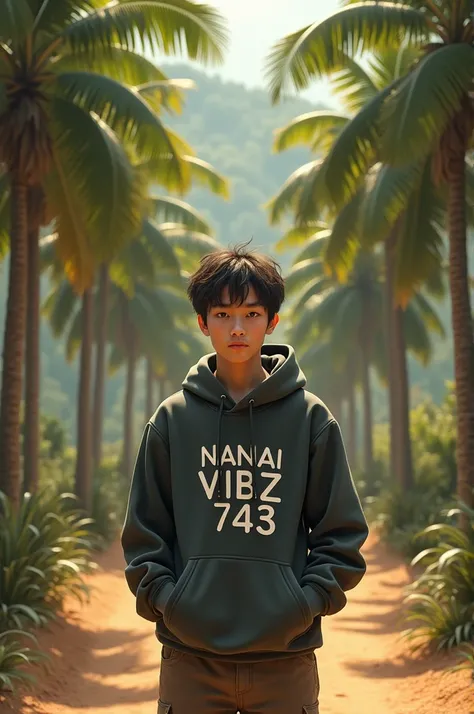 A young man wearing a hoody standing under the coconut plantation name on the hoody is NANAI VIBZ 743