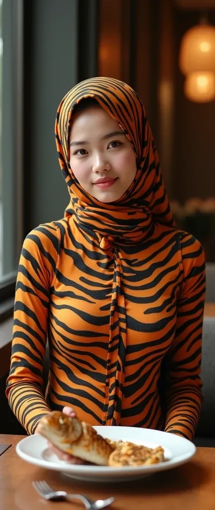 The most beautiful,thin,most pretty and clever Asian muslimah adult girl wears bengal tiger lycra turtleneck unitard catsuit covered with stripes.She always wear bengal tiger print lycra dancewear stretchy hijab covered with many stripes.She is sitting on ...