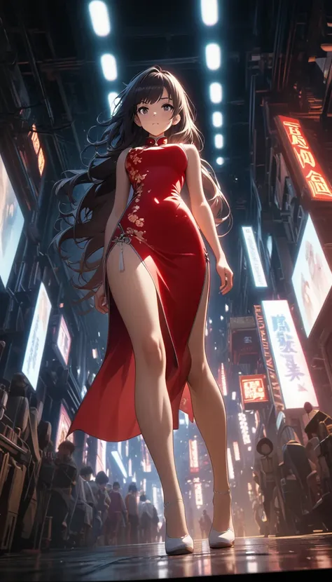 Cheongsam Girl，Long Hair，Pure white background，Depth of written boundary，Low angle view，Calf Level View，Overclocked Renderer，Cinema Lighting，Ultra-fine，Very detailed，complicated，Cinematic Perspective，CG Art，Side zipper