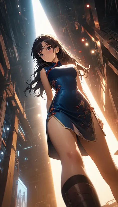 Cheongsam Girl，Long Hair，Pure white background，Depth of written boundary，Low angle view，Calf Level View，Overclocked Renderer，Cinema Lighting，Ultra-fine，Very detailed，complicated，Cinematic Perspective，CG Art，Side zipper