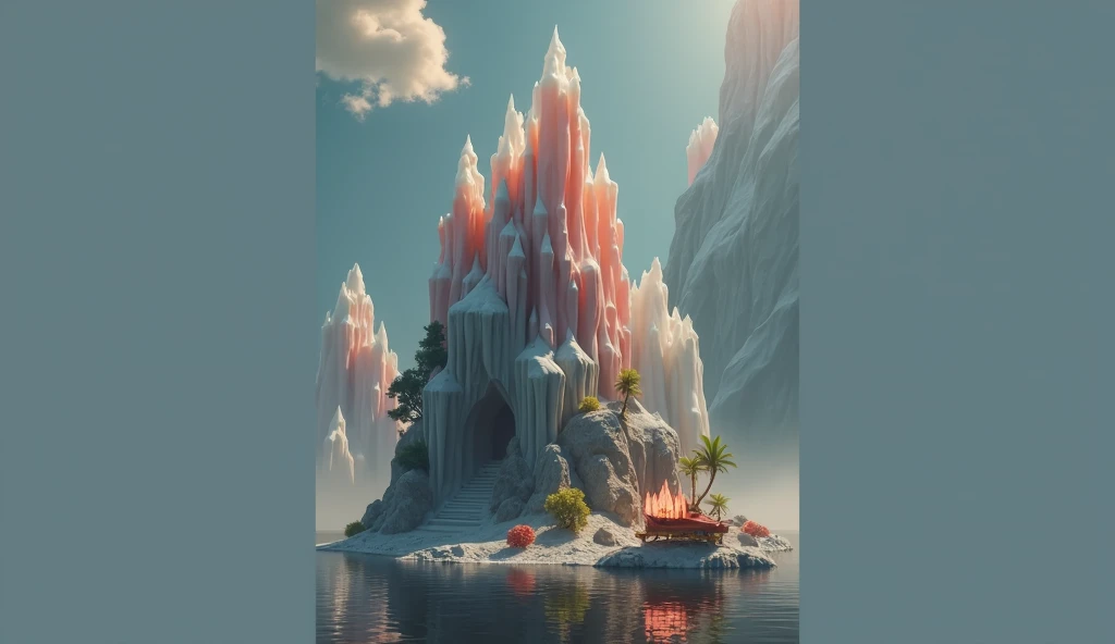 a mountain、A lake and some trees。Matte, Popular on artstation, Fantasy Art, Fantasy Desert Crystal Island, 4k highly detailed digital art, Philip Hodas&#39;s Artistic Style, 3D rendering of beeple, Surreal dream landscape, Epic dreamlike fantasy landscape