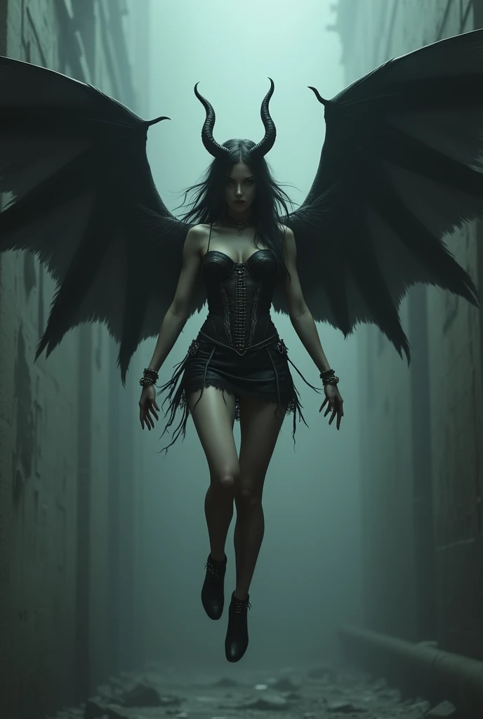 A girl in the image of a fallen angel with bone wings and a bone corset, black leather skirt, flying in the air overhead,  tight panties, dark demonic terrifying, many details, gloomy atmosphere, extremely detailed, 8k, hyperdetailed, masterpiece