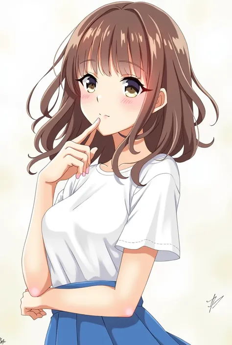 anime girl with brown hair and a white shirt and blue skirt, (hair swept bangs:1.3), (long brown hair:1.3), (Rinotuna artstyle:1.3), marin kitagawa fanart, with index finger, shirabii, wataru kajika, misato katsuragi, nishimiya shouko, hinata hyuga, zeroch...