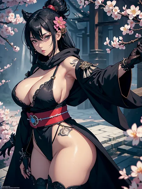 1 girl, ice style samurai, dark skin, very long black hair, bright eyes of moonlight, long detailed eyelashes, gloves, wide sleeves, , tassel, sash, the most beautiful and detailed hooded kimono, fur trim, curvy body type, perfect ass, thick thighs, Super ...