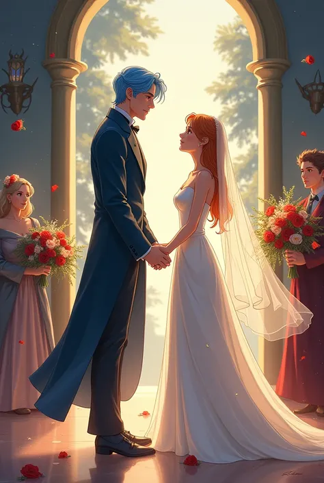 Give me an illustration of Howl and Sophie from the moving castle where they are getting married 