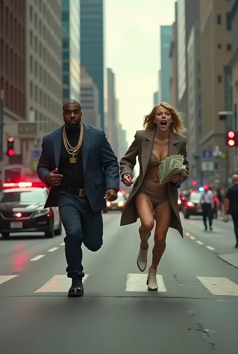 Kanye West and Taylor Swift running with money in their hands while being pursued by the IRS for tax evasion