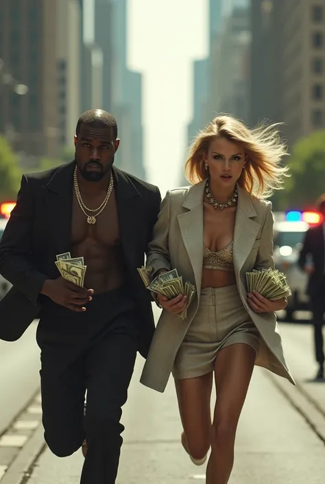 Kanye West and Taylor Swift running with money in their hands while being pursued by the IRS for tax evasion