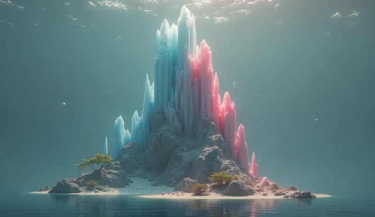 A photo of an underwater mountain range made of blue and pink crystals，In the lower right corner is a small coral reef with plants and rocks，Blue Background，Surreal，Movie Grade，Epic，Stereo lighting，Octane Rendering