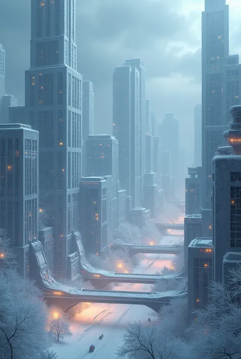 Modern city, The entire city is a snow sculpture, (Blizzard, dark), City Lights, only artificial objects