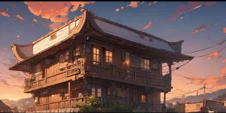 ((background only)), masterpiece, best quality, extremely detailed, ultra detailed, flat anime, 2D, sunset, country town, 