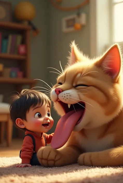 A kid sitting and getting a ride on  a cats tongue 