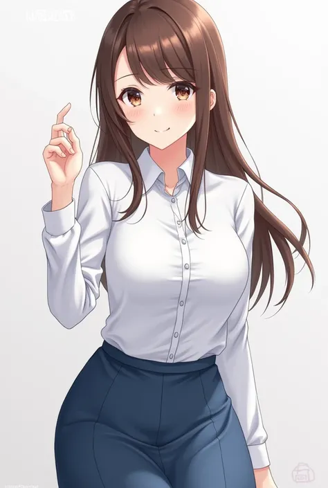 anime girl with brown hair and a white shirt and blue skirt, (hair swept bangs:1.3), (long brown hair:1.3), anime style, from girls frontline, fine details. girls frontline, girls frontline universe, girls frontline style, girls frontline, girls frontline ...