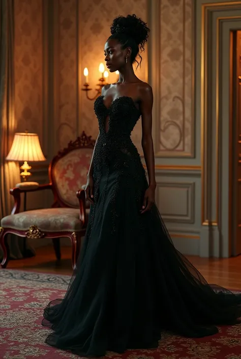 With only decorated empty chair in a nice interior room Generate an image of a nice curvy black bride entering the room