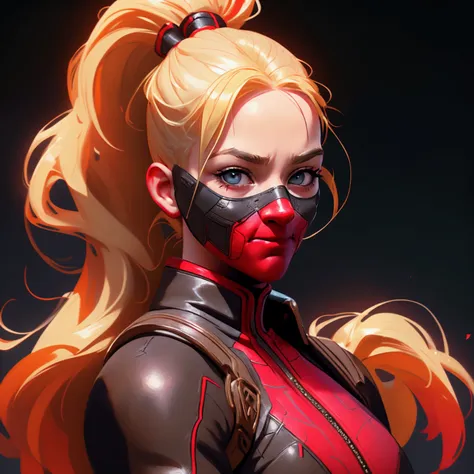 envision a 8k, highres, cinematic, close up portrait of an american girl with long blonde hair in a ponytail in a deadpool suit ...