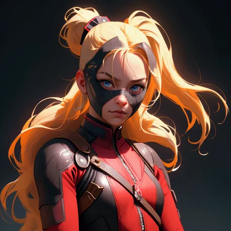 envision a 8k, highres, cinematic, close up portrait of an american girl with long blonde hair in a ponytail in a deadpool suit ...