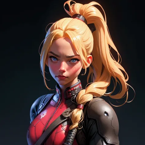 envision a 8k, highres, cinematic, close up portrait of an american girl with long blonde hair in a ponytail in a deadpool suit ...