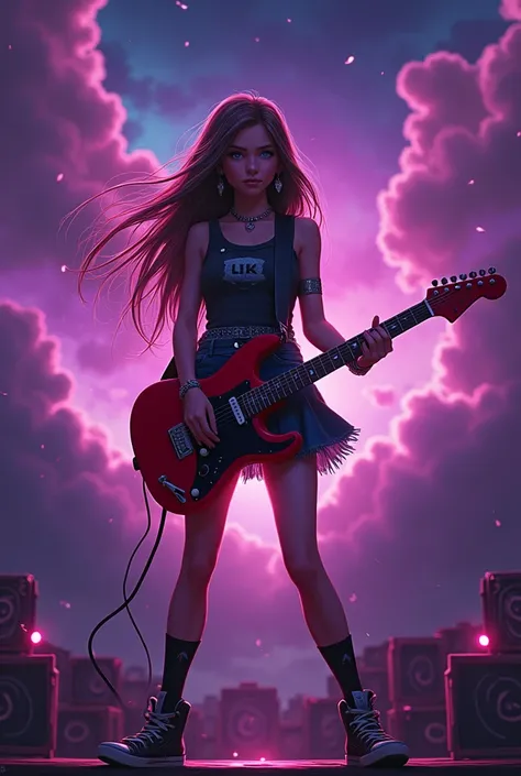 Rock Supermanpreteen girl 13 years mini skirt hard long air and stars deep purple hold marvel holding the microfon singing and player electric guitarr red with a background of thunder and a very rock vibes.