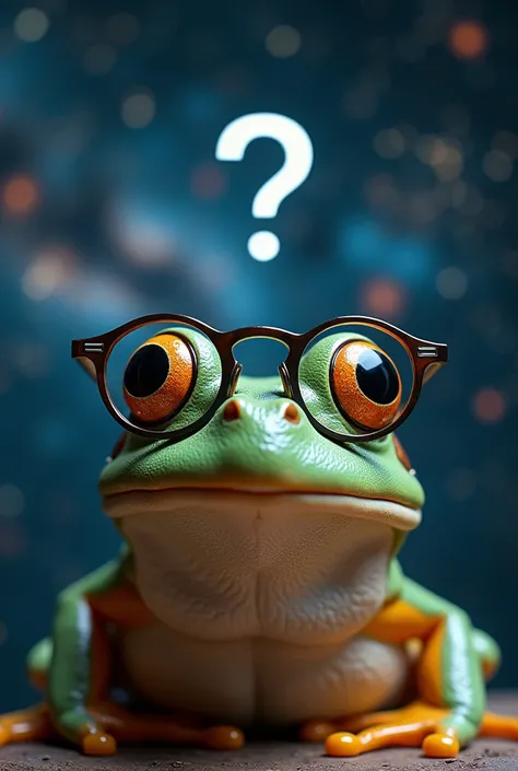 Frog with round glasses close up, Space in the background (Beautiful shining stars and galaxies), Space Cat, big "!?" on the screen is written in big letters on the screen,